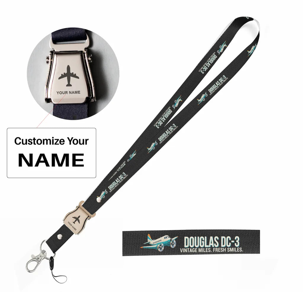 Cartoon Douglas DC-3 seat belt lanyard - black with name