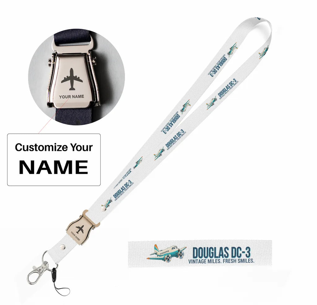Cartoon Douglas DC-3 seat belt lanyard - white with name