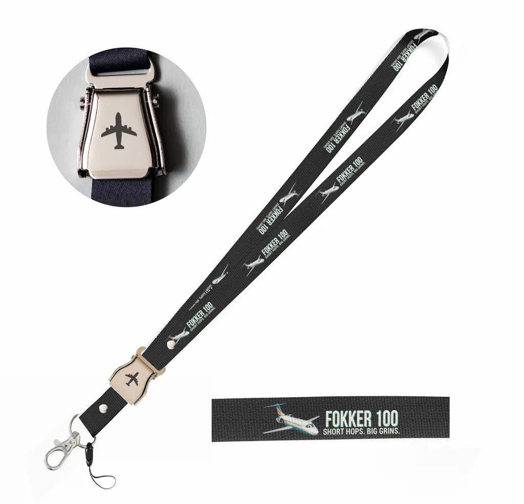 Cartoon Fokker 100 seat belt lanyard - black