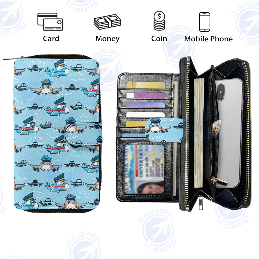 Cartoon & Funny Airplanes Designed Leather Long Zipper Wallets