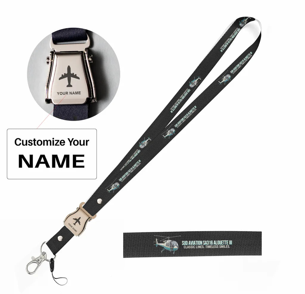 Cartoon Sud Aviation SA316 Alouette III seat belt lanyard - black with name