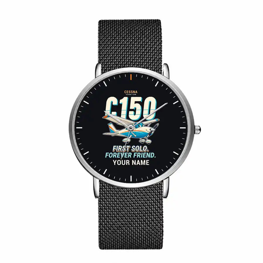 Cessna 150M - Cartoon + Name - Slim Mesh - Silver and Black Stainless Steel Strap