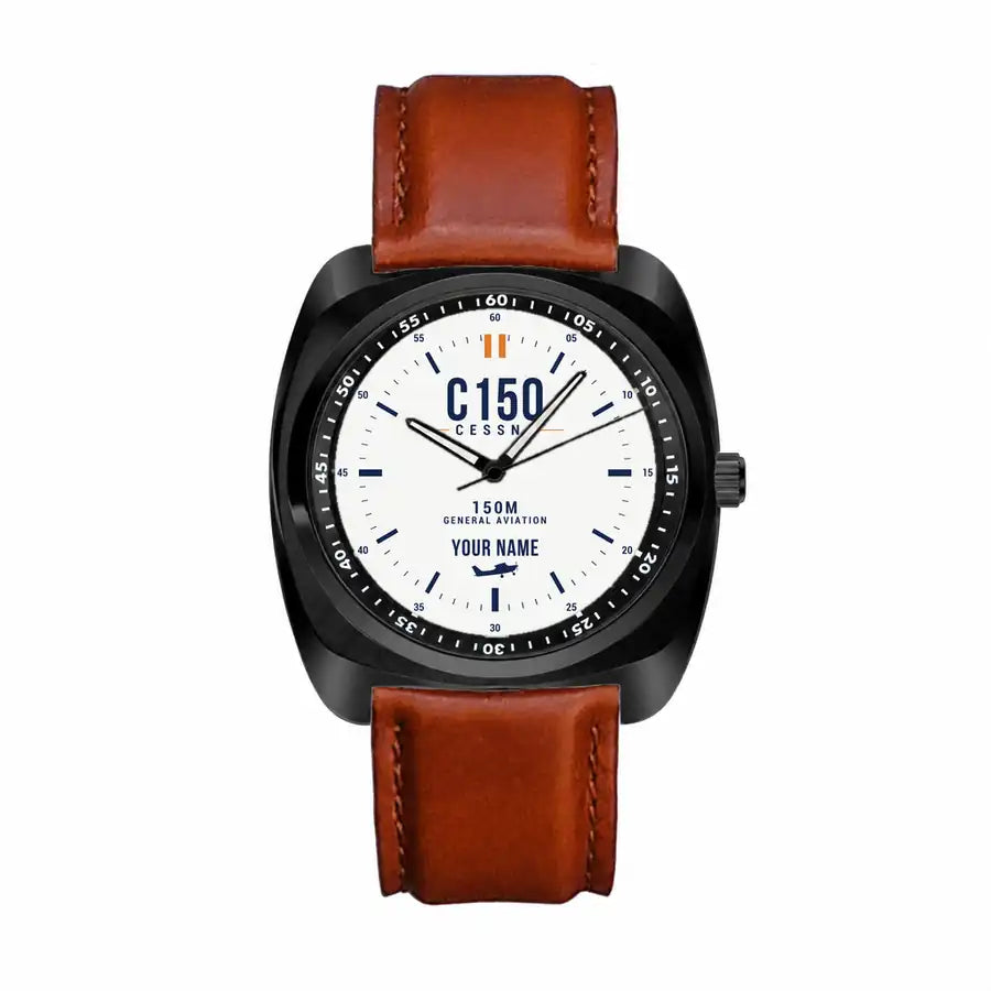 Cessna 150M - Classic - White + Name - Luxury Cushion - Black and Dark Brown Strap
