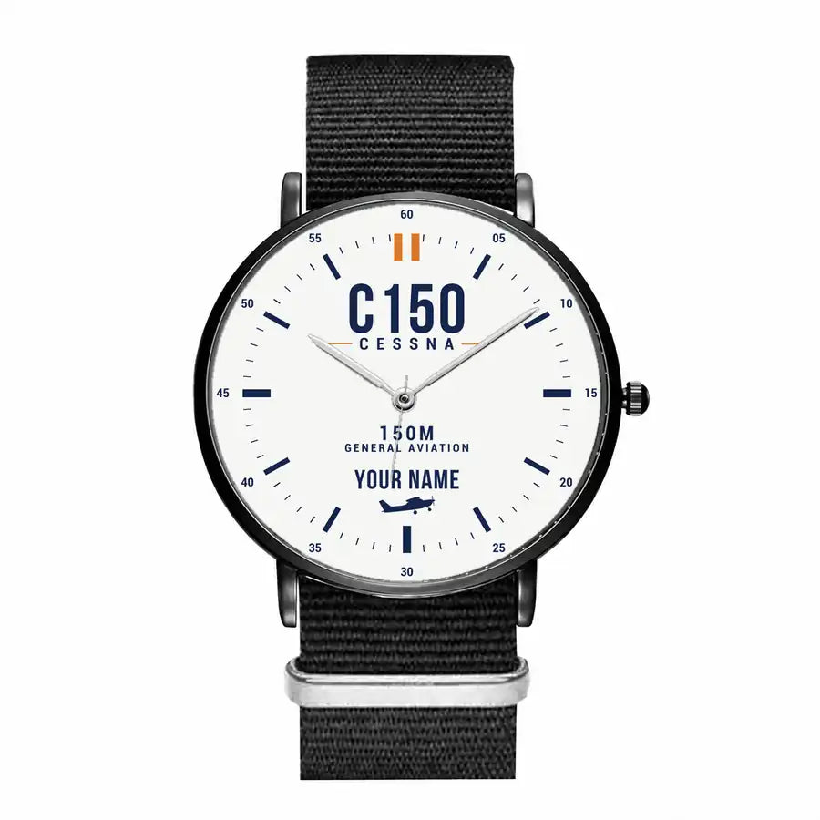 Cessna 150M - Classic - White + Name - Slim Leather - Black and Black Nylon Strap