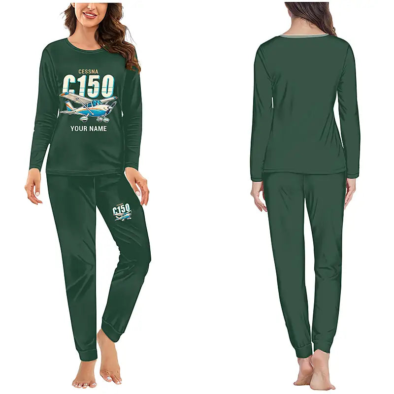 Cessna 150M - Women Pajamas - Cartoon Chest + Name - Dark Green