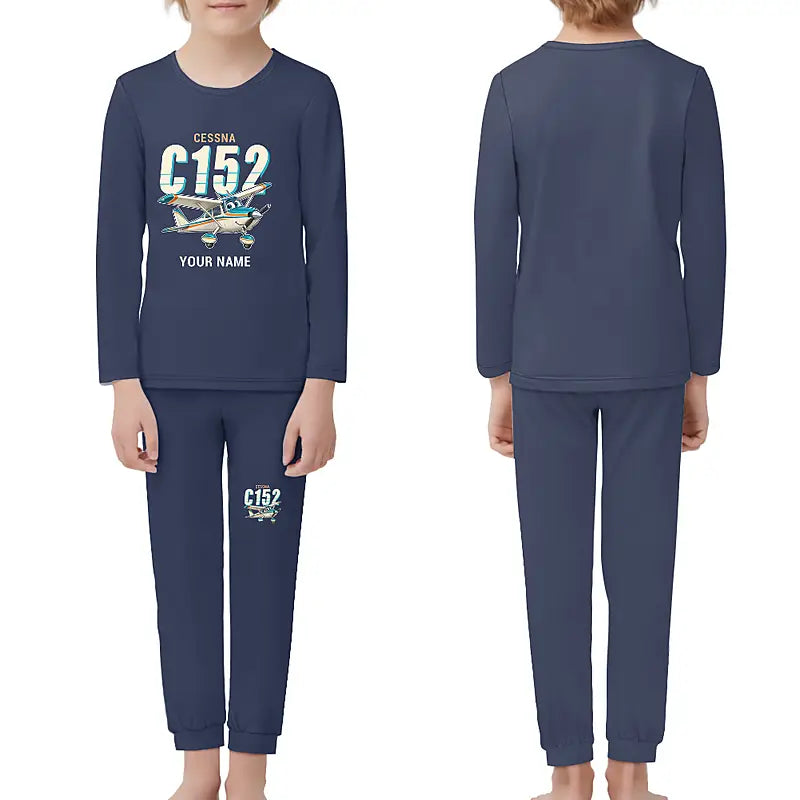Cessna 152 - Children Pajamas - Cartoon Chest + Name - Navy Blue