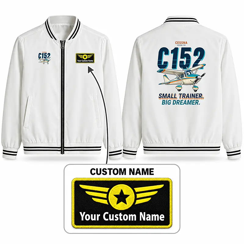 Cessna 152 Stylish Jackets - Baseball Collar - Cartoon + Name - White