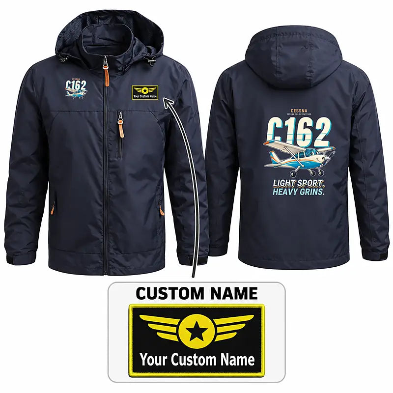 Cessna 162 Skycatcher Stylish Jackets - Hooded Windbreaker - Cartoon + Name - Navy Blue