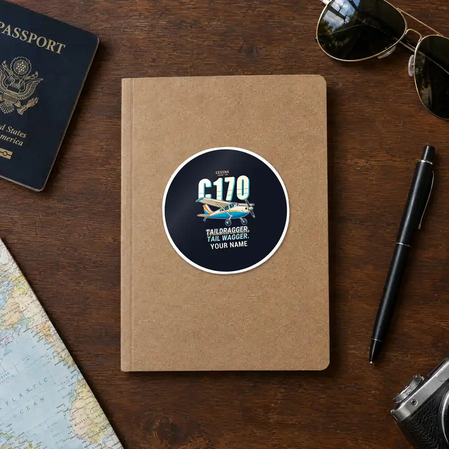 Cessna 170B - Cartoon + Name - Circle Sticker - Notebook