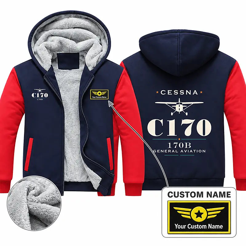 Cessna 170B Zipped Sweatshirts - Heritage + Name - Navy & Red