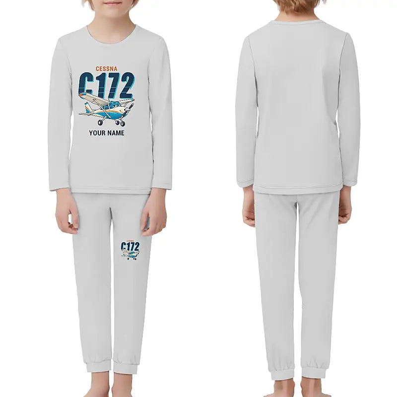 Cessna 172 Skyhawk - Children Pajamas - Cartoon Chest + Name - Light Gray