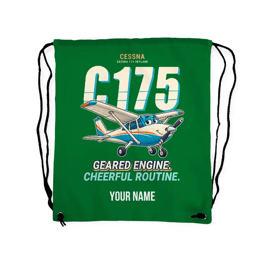 Cessna 175 Skylark - Drawstring Bag - Cartoon + Name - Green