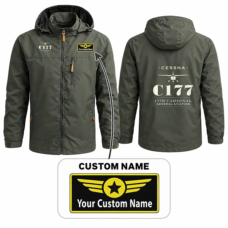Cessna 177B Cardinal Stylish Jackets - Hooded Windbreaker - Heritage + Name - Olive Green