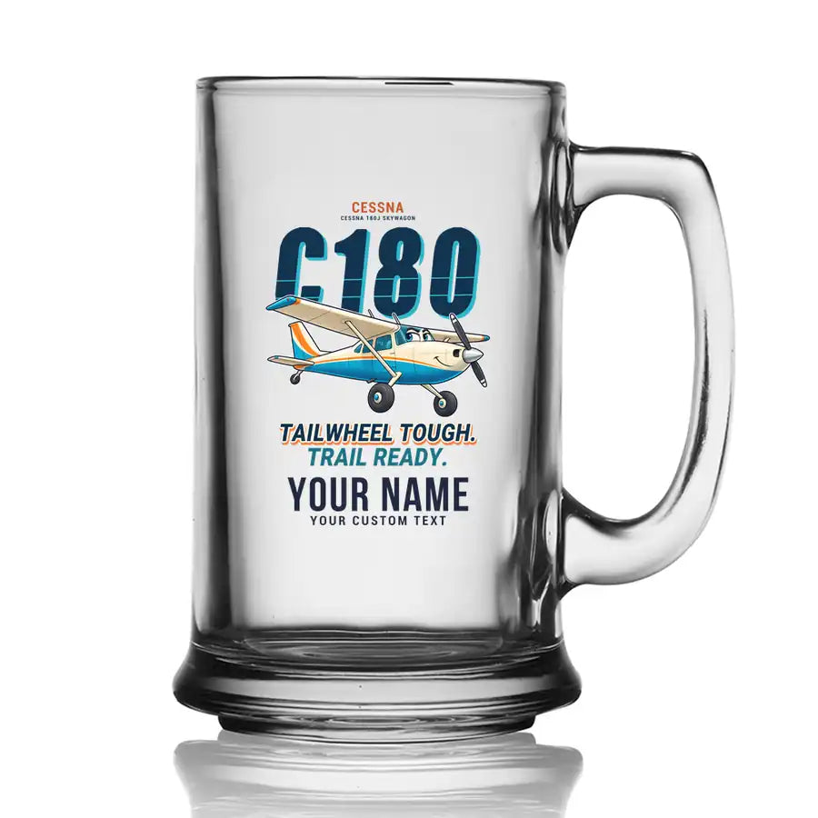 Cessna 180J Skywagon - Cartoon + Name - Beer Glass with Holder