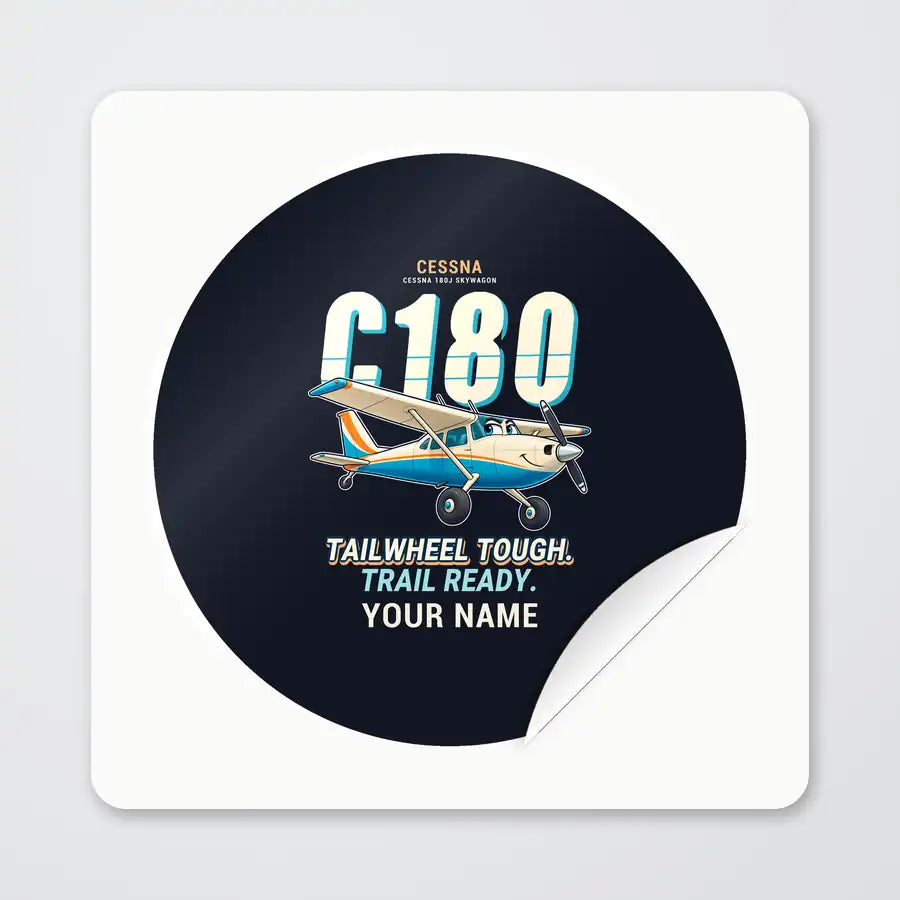 Cessna 180J Skywagon - Cartoon + Name - Circle Sticker - Peel