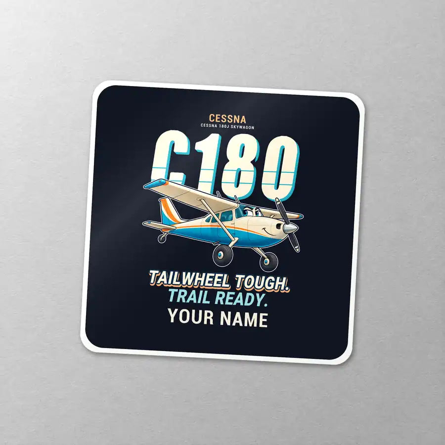 Cessna 180J Skywagon - Cartoon + Name - Square Sticker - Close-up