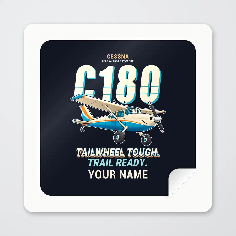Cessna 180J Skywagon - Cartoon + Name - Square Sticker - Peel