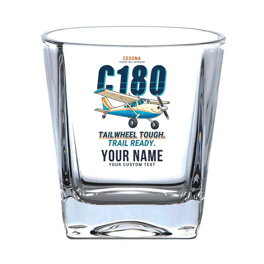 Cessna 180J Skywagon - Cartoon + Name - Whiskey Glass