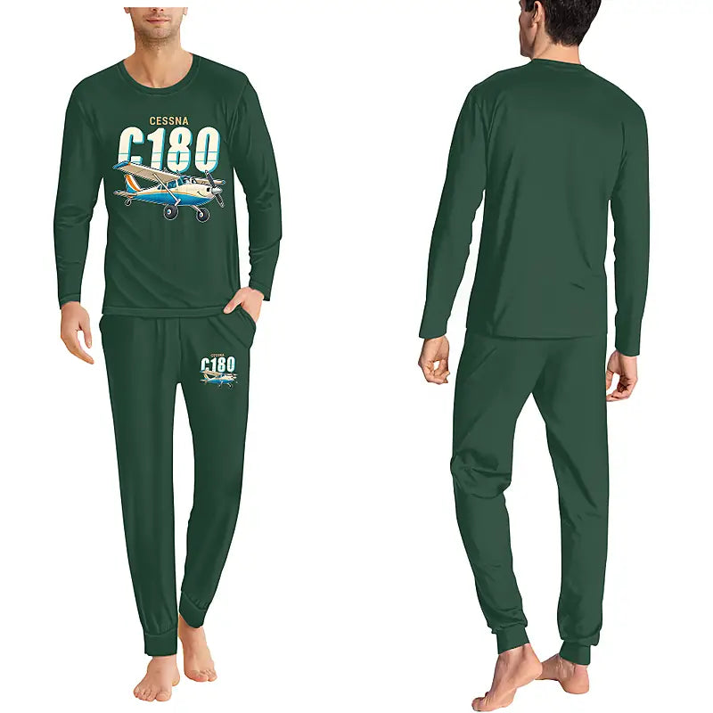 Cessna 180J Skywagon - Men Pajamas - Cartoon Chest - Dark Green