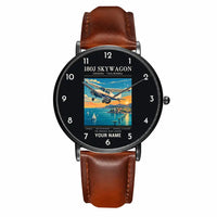 Thumbnail for Cessna 180J Skywagon - Poster + Name - Slim Leather - Black and Brown Leather Strap
