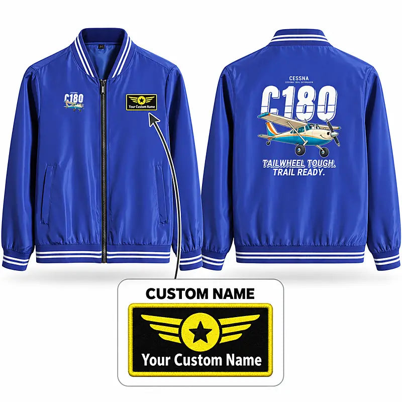 Cessna 180J Skywagon Stylish Jackets - Baseball Collar - Cartoon + Name - Royal Blue