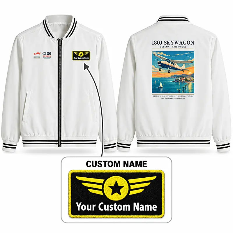 Cessna 180J Skywagon Stylish Jackets - Baseball Collar - Poster + Name - White