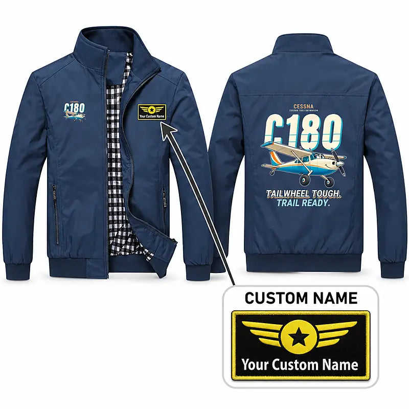 Cessna 180J Skywagon Stylish Jackets - Stand Collar - Cartoon + Name - Navy Blue
