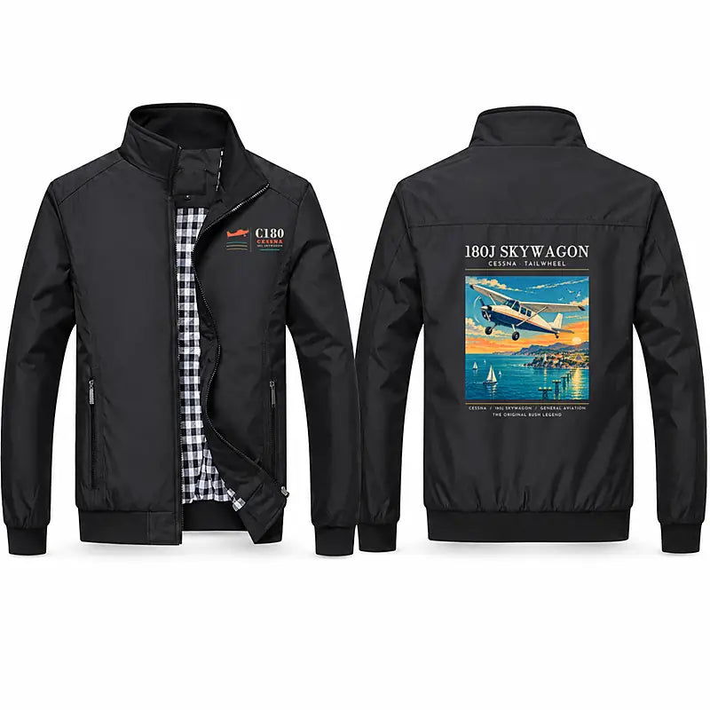 Cessna 180J Skywagon Stylish Jackets - Stand Collar - Poster - Black