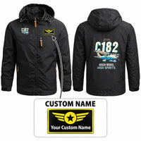 Thumbnail for Cessna 182 Skylane Stylish Jackets - Hooded Windbreaker - Cartoon + Name - Black