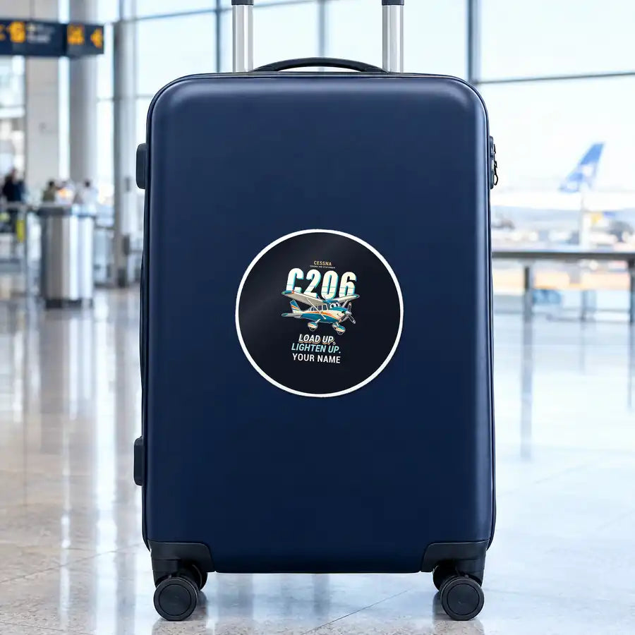 Cessna 206 Stationair - Cartoon + Name - Circle Sticker - Suitcase