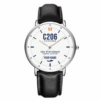 Thumbnail for Cessna 206 Stationair - Classic - White + Name - Slim Leather - Silver and Black Leather Strap