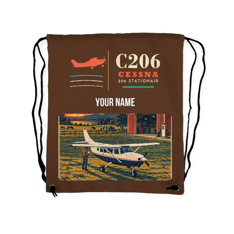 Cessna 206 Stationair - Drawstring Bag - Classic + Name - Brown