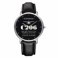Thumbnail for Cessna 206 Stationair - Heritage + Name - Slim Leather - Silver and Black Leather Strap
