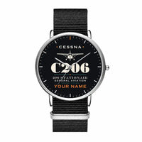 Thumbnail for Cessna 206 Stationair - Heritage + Name - Slim Leather - Silver and Black Nylon Strap