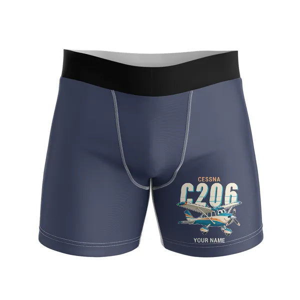 Cessna 206 Stationair - Men Boxers - Cartoon + Name - Navy Blue