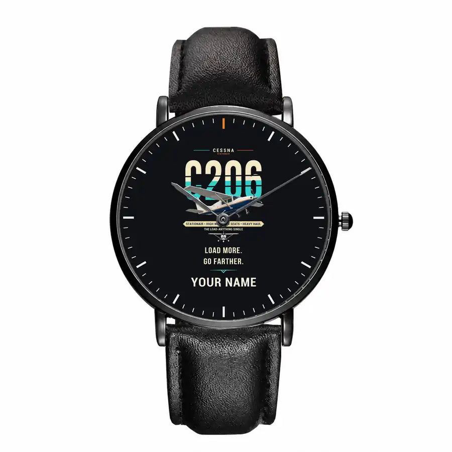 Cessna 206 Stationair - Original + Name - Slim Leather - Black and Black Leather Strap