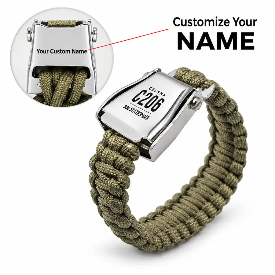 Cessna 206 Stationair - Seat Belt Bracelet - Tag + Name - Army Green