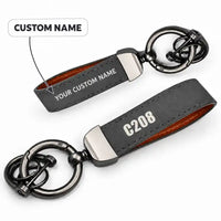 Thumbnail for Cessna 208 Caravan - Leather Key Chain - Horseshoe Buckle - Tag - Gray + Name