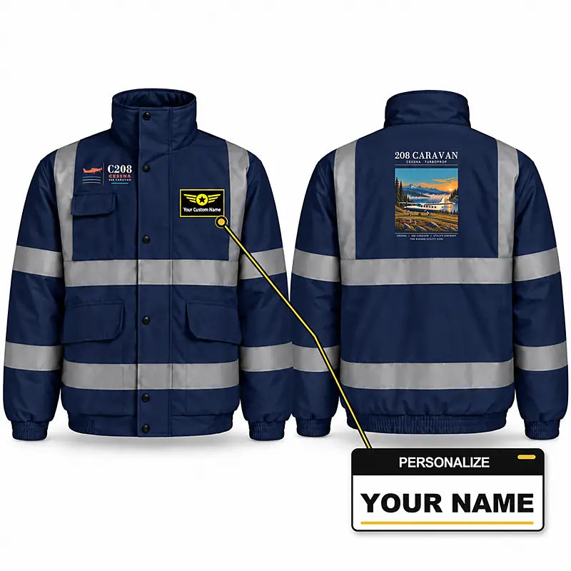 Cessna 208 Caravan Reflective Winter Jackets - Poster + Name - Navy Blue