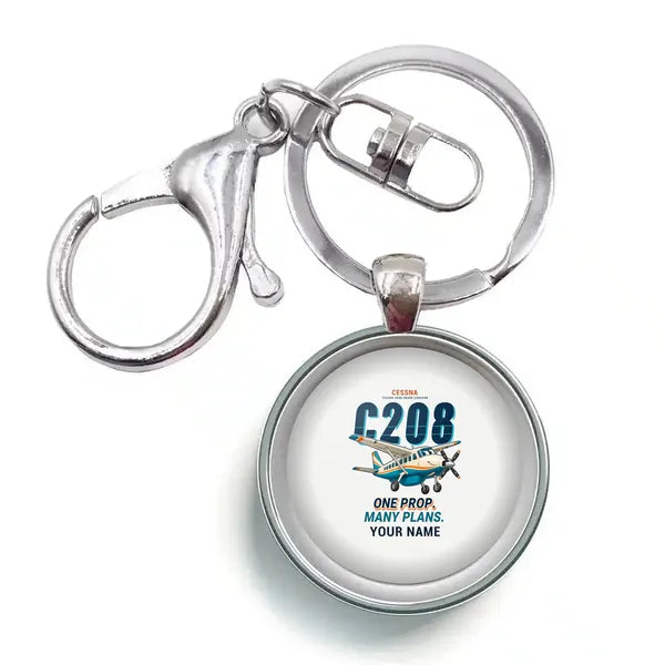 Cessna 208B Grand Caravan - Cartoon + Name - Circle Key Chain - White