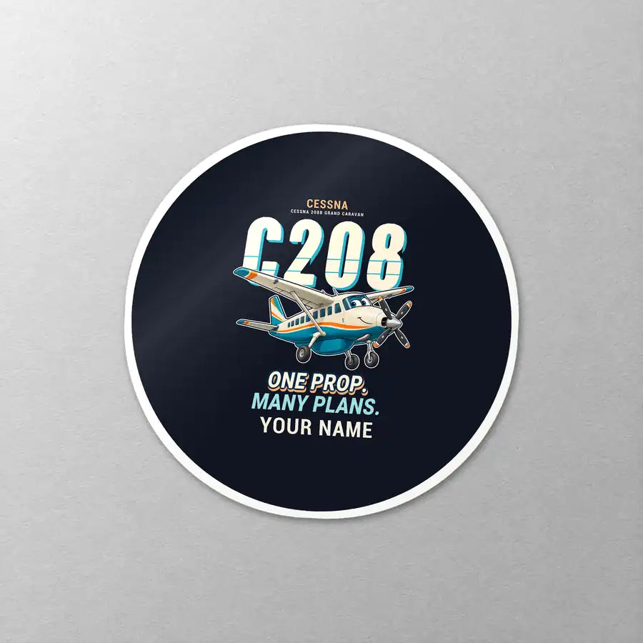 Cessna 208B Grand Caravan - Cartoon + Name - Circle Sticker - Close-up