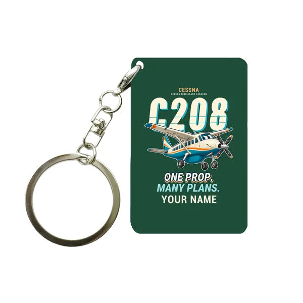 Cessna 208B Grand Caravan - Cartoon + Name - Key Chain - Dark Green