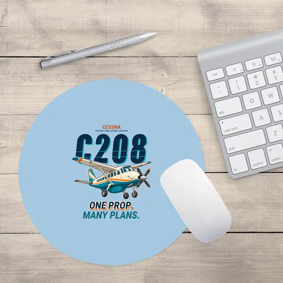 Cessna 208B Grand Caravan - Cartoon - Round Mouse Pad - Light Blue