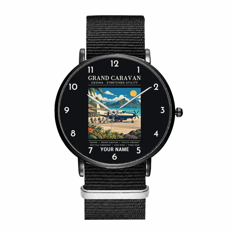 Cessna 208B Grand Caravan - Poster + Name - Slim Leather - Black and Black Nylon Strap