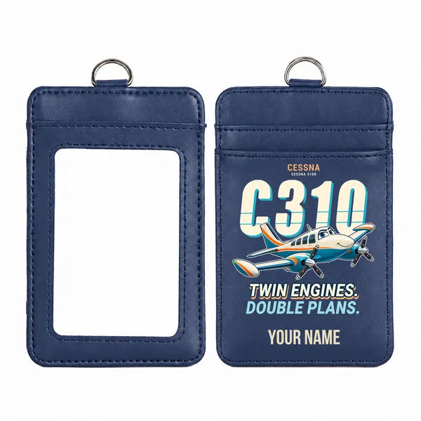 Cessna 310R - Cartoon - ID Card Holder - Navy Blue + Name