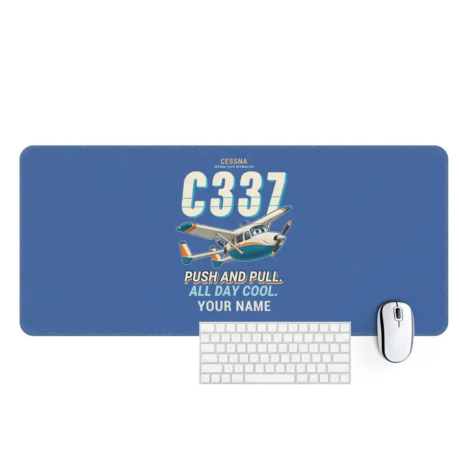 Cessna 337G Skymaster - Cartoon + Name - Desk Mat - Blue
