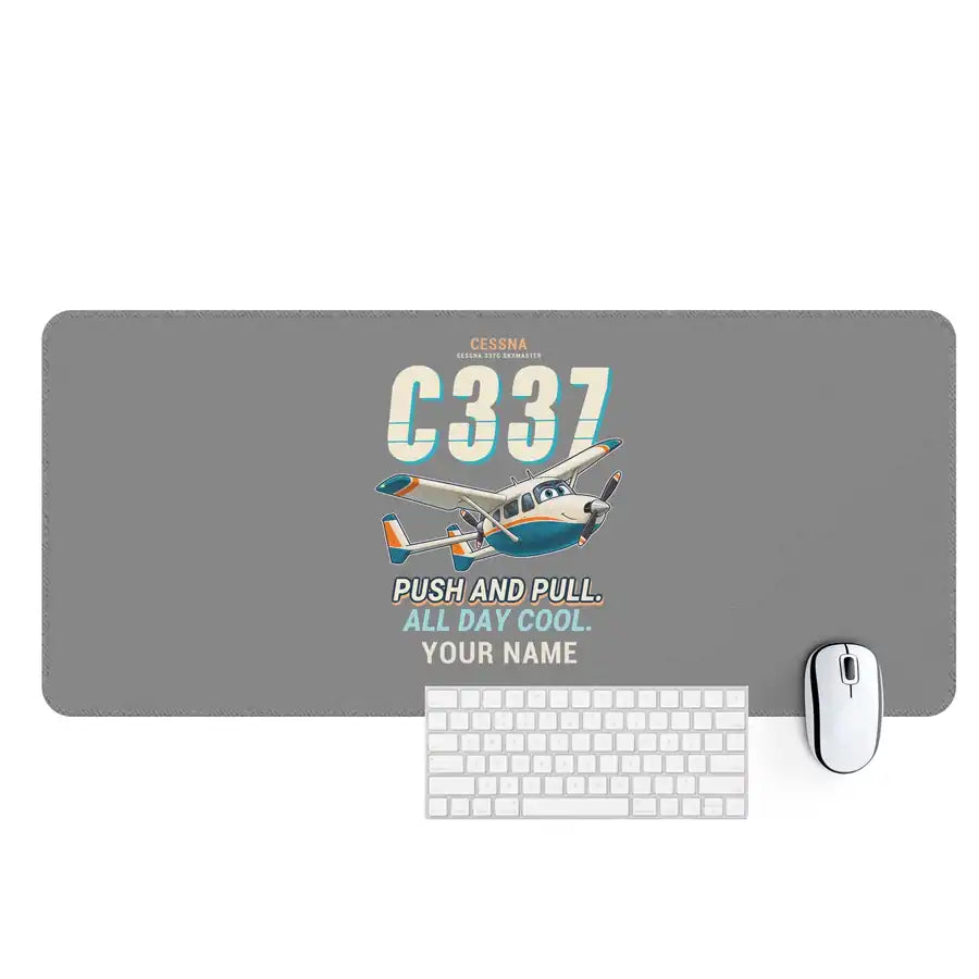 Cessna 337G Skymaster - Cartoon + Name - Desk Mat - Gray
