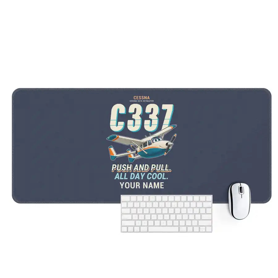 Cessna 337G Skymaster - Cartoon + Name - Desk Mat - Navy Blue