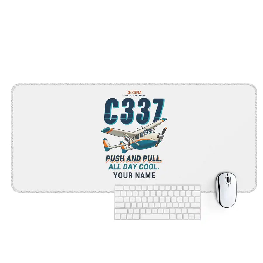 Cessna 337G Skymaster - Cartoon + Name - Desk Mat - White