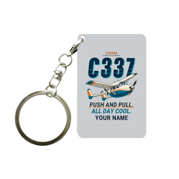 Cessna 337G Skymaster - Cartoon + Name - Key Chain - Light Gray